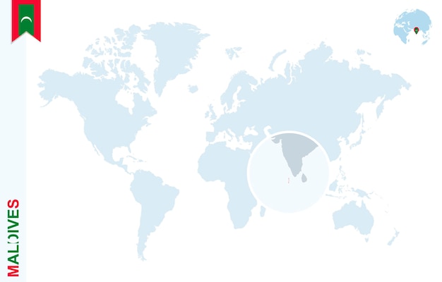 Mapa del mundo azul con lupa en maldivas