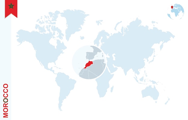 Mapa del mundo azul con lupa en Marruecos