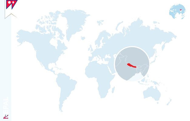 Vector mapa del mundo azul con lupa en nepal