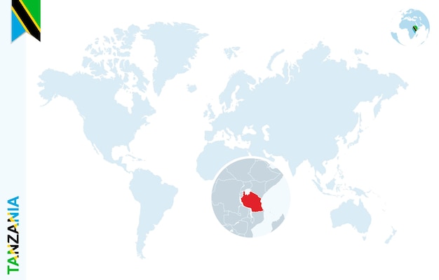 Mapa del mundo azul con lupa en tanzania