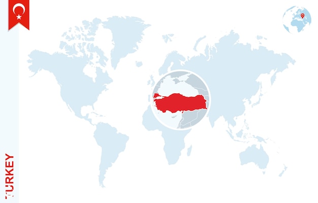 Mapa del mundo azul con lupa en Turquía