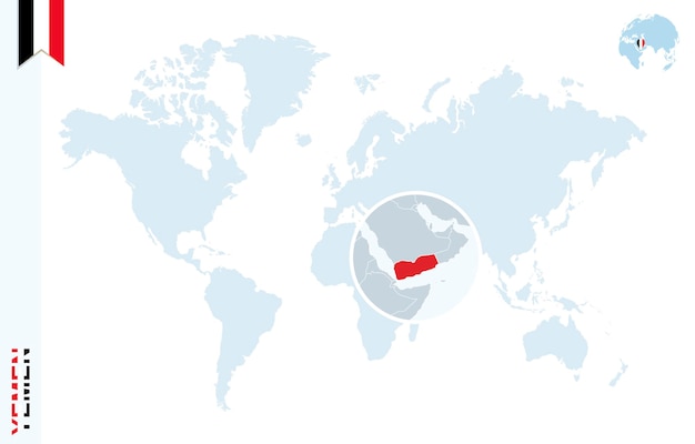 Mapa del mundo azul con lupa en yemen