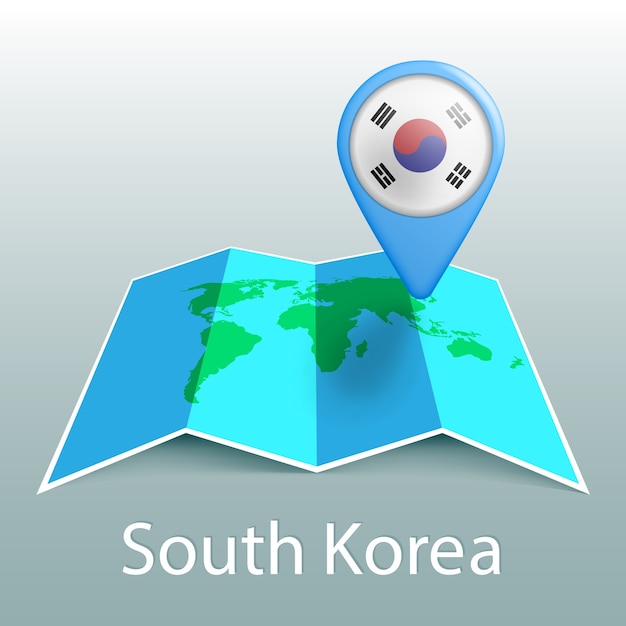 Mapa del mundo de la bandera de Corea del sur en el pin con el nombre del país sobre fondo gris