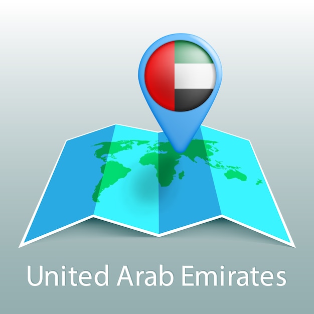 Mapa del mundo de la bandera de emiratos árabes unidos en pin con el nombre del país sobre fondo gris