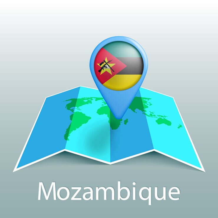 Vector mapa del mundo de la bandera de mozambique en pin con el nombre del país sobre fondo gris