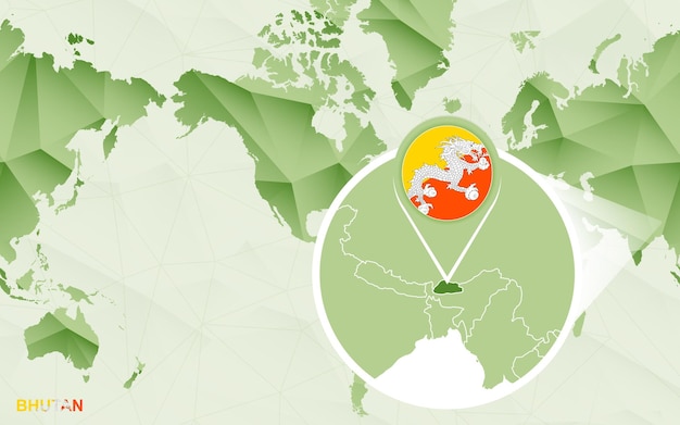 Mapa del mundo centrado en América con mapa magnificado de Bután