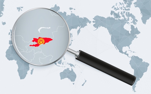 Vector mapa del mundo centrado en asia con lupa en kirguistán centrarse en el mapa de kirguistán en el mapa del mundo centrado en el pacífico