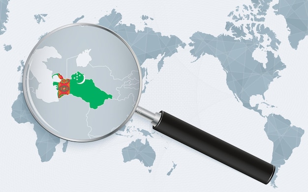 Vector mapa del mundo centrado en asia con lupa en turkmenistán enfoque en el mapa de turkmenistán en el mapa del mundo centrado en el pacífico