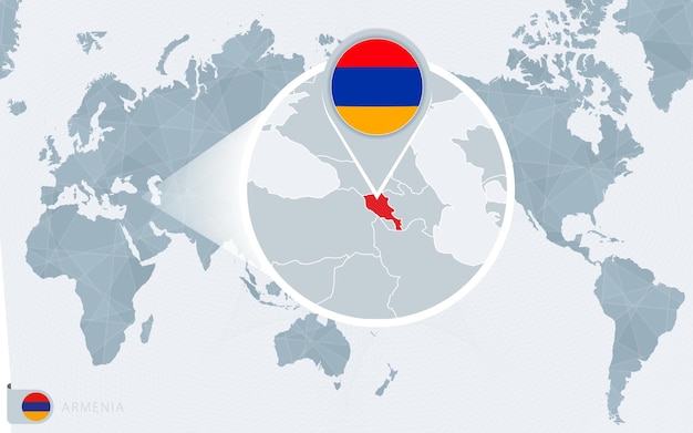 Mapa del mundo centrado en el Pacífico con Armenia ampliada. Bandera y mapa de Armenia.