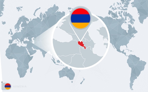 Mapa del mundo centrado en el pacífico con armenia ampliada. bandera y mapa de armenia.