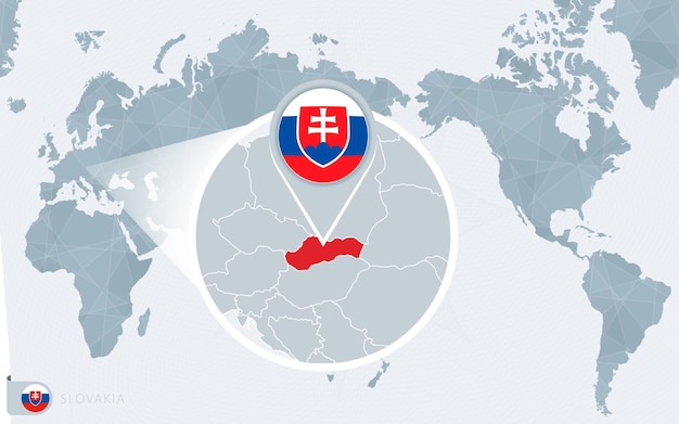 Mapa del mundo centrado en el pacífico con eslovaquia ampliada. bandera y mapa de eslovaquia.