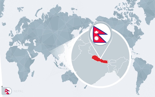 Mapa del mundo centrado en el pacífico con nepal ampliada. bandera y mapa de nepal.