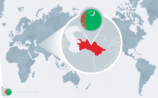 Mapa del mundo centrado en el Pacífico con Turkmenistán ampliada. Bandera y mapa de Turkmenistán.