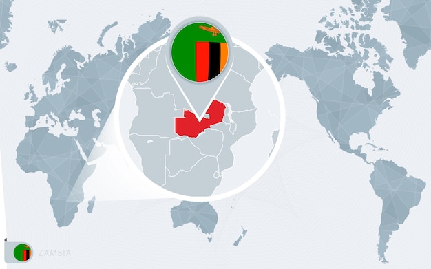 Mapa del mundo centrado en el Pacífico con Zambia ampliada. Bandera y mapa de Zambia.