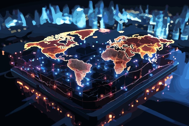 Vector mapa del mundo colorido en fondo oscuro mapa del mundo brillante azul con fondo espacial