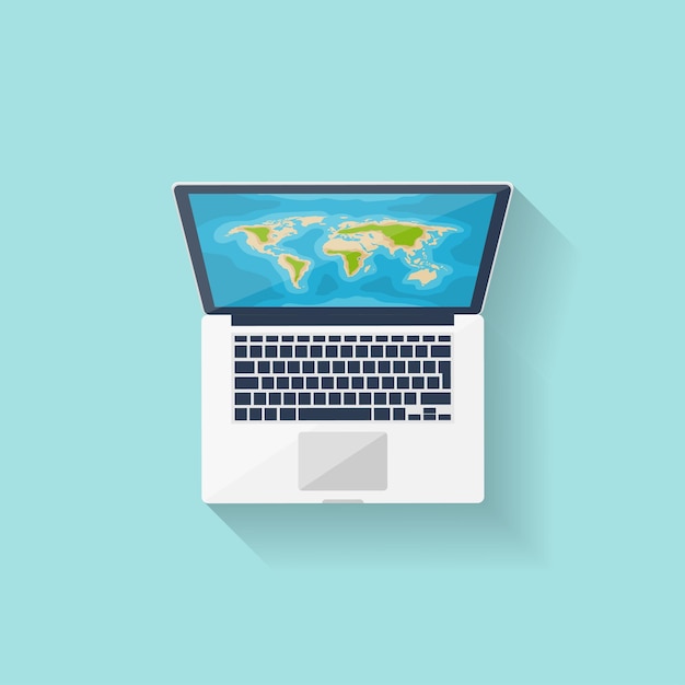 Mapa del mundo en la computadora navegación de estilo plano vector de planificación de viajes y turismo rupias