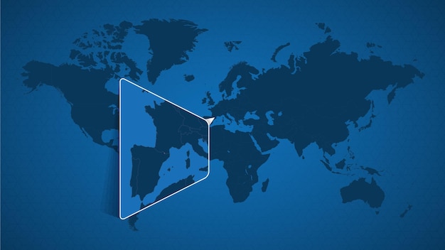 Mapa del mundo detallado con mapa ampliado anclado de Andorra y países vecinos. Bandera y mapa de Andorra.