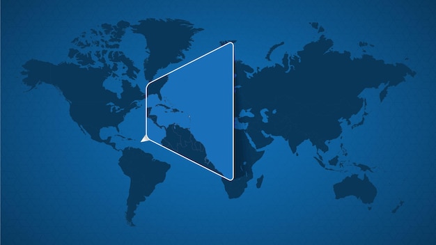 Mapa del mundo detallado con mapa ampliado anclado de Antigua y Barbuda y países vecinos. Bandera y mapa de Antigua y Barbuda.