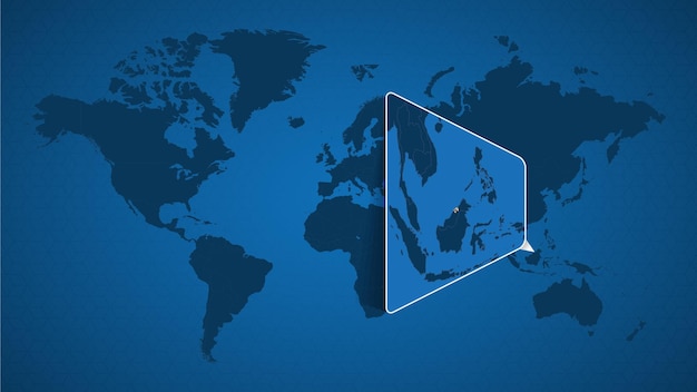 Mapa del mundo detallado con mapa ampliado anclado de brunei y países vecinos. bandera y mapa de brunei.