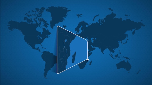 Mapa del mundo detallado con mapa ampliado anclado de Comoras y países vecinos. Bandera y mapa de Comoras.