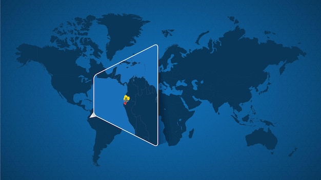 Mapa del mundo detallado con mapa ampliado anclado de Ecuador y países vecinos. Bandera y mapa de Ecuador.