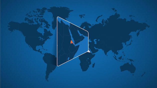 Mapa del mundo detallado con mapa ampliado anclado de Eritrea y países vecinos. Bandera y mapa de Eritrea.