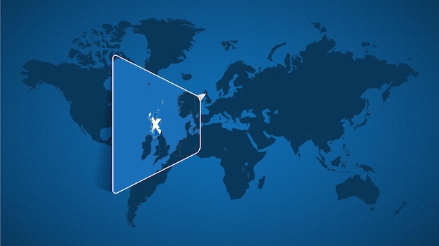 Mapa del mundo detallado con mapa ampliado anclado de Escocia y países vecinos. Bandera y mapa de Escocia.