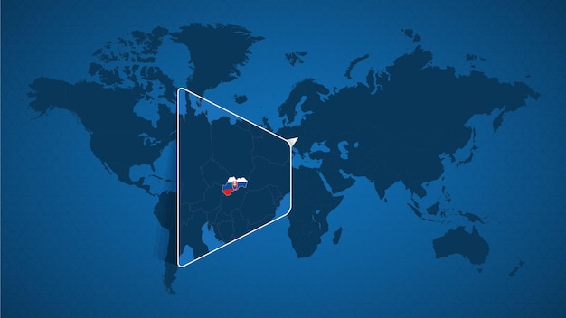 Mapa del mundo detallado con mapa ampliado anclado de eslovaquia y países vecinos. bandera y mapa de eslovaquia.