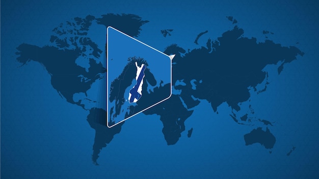 Mapa del mundo detallado con mapa ampliado anclado de finlandia y países vecinos. bandera y mapa de finlandia.