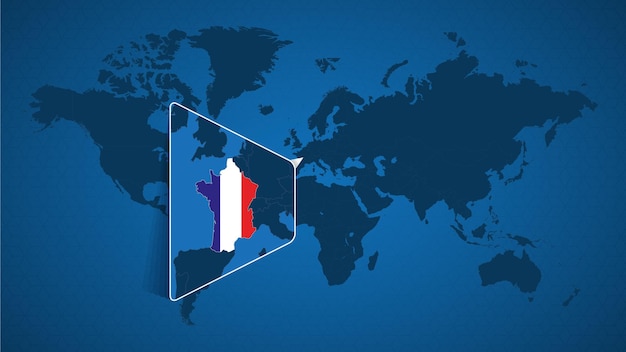Mapa del mundo detallado con mapa ampliado anclado de Francia y países vecinos. Bandera y mapa de Francia.