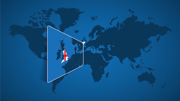 Mapa del mundo detallado con mapa ampliado anclado de Inglaterra y países vecinos. Bandera y mapa de Inglaterra.