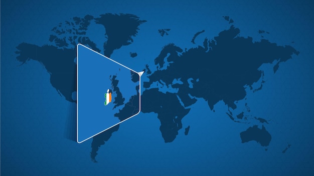 Mapa del mundo detallado con mapa ampliado anclado de Irlanda y países vecinos. Bandera y mapa de Irlanda.