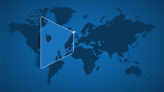Mapa del mundo detallado con un mapa ampliado anclado de las Islas Feroe y países vecinos. Bandera y mapa de las Islas Feroe.