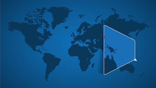 Mapa del mundo detallado con mapa ampliado anclado de las islas salomón y países vecinos. bandera y mapa de las islas salomón.