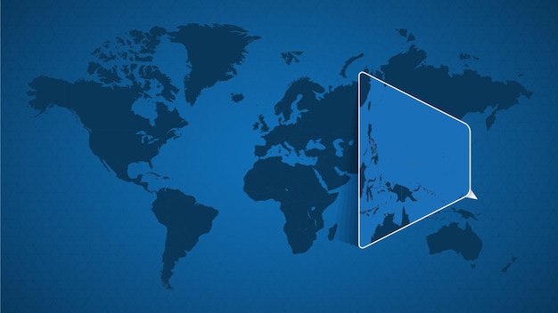 Mapa del mundo detallado con un mapa ampliado anclado de Micronesia y países vecinos. Bandera y mapa de Micronesia.