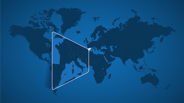 Vector mapa del mundo detallado con mapa ampliado anclado de mónaco y países vecinos. bandera y mapa de mónaco.