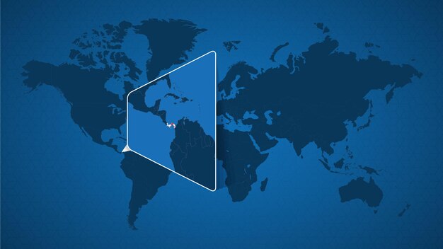 Mapa del mundo detallado con mapa ampliado anclado de Panamá y países vecinos. Bandera y mapa de Panamá.