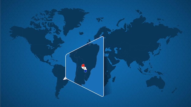 Mapa del mundo detallado con mapa ampliado anclado de Paraguay y países vecinos. Bandera y mapa de Paraguay.