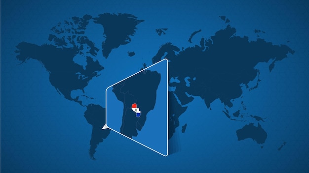 Mapa del mundo detallado con mapa ampliado anclado de paraguay y países vecinos. bandera y mapa de paraguay.