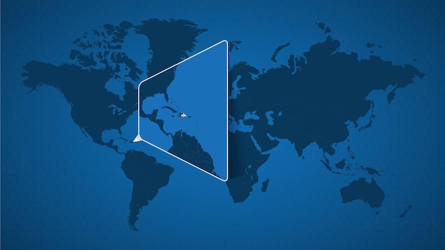 Mapa del mundo detallado con mapa ampliado anclado de República Dominicana y países vecinos. Bandera y mapa de República Dominicana.