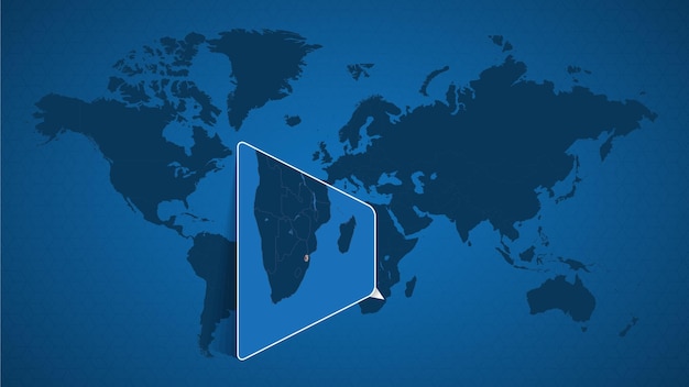 Mapa del mundo detallado con mapa ampliado anclado de swazilandia y países vecinos. bandera y mapa de swazilandia.