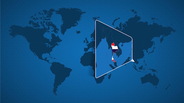 Mapa del mundo detallado con mapa ampliado anclado de Tailandia y países vecinos. Bandera y mapa de Tailandia.