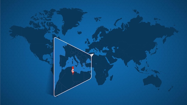 Mapa del mundo detallado con mapa ampliado anclado de Túnez y países vecinos. Bandera y mapa de Túnez.
