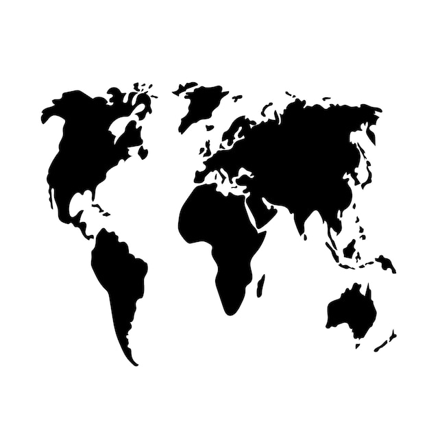 Mapa del mundo dibujado a mano silueta negra geografía del continente vector aislado sobre fondo blanco