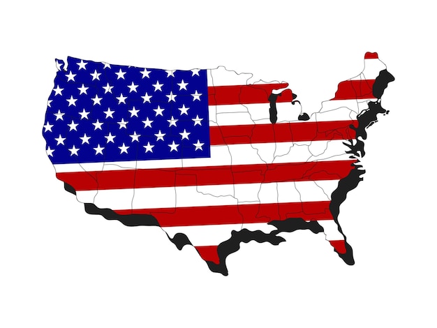 Mapa del mundo de estados unidos de diseño plano con ilustración de bandera