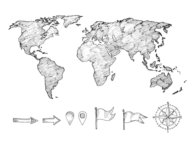 Mapa del mundo de estilo bosquejado y elementos de navegación