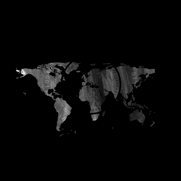 Vector mapa del mundo grunge oscuro con elementos de código binario redondo fondo abstracto diseño de tecnología vectorial de efectos de acuarela