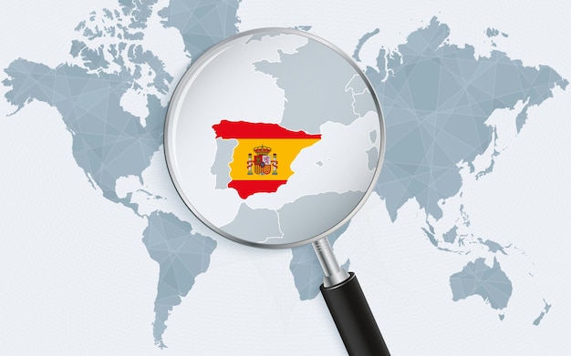 Vector mapa del mundo con una lupa apuntando a españa mapa de españa con la bandera en el bucle