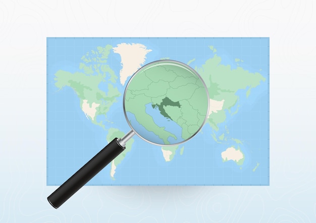 Mapa del mundo con una lupa dirigida a Croacia buscando Croacia con lupa