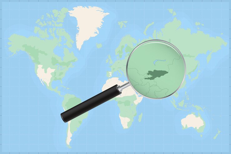 Vector mapa del mundo con una lupa en un mapa de kirguistán.